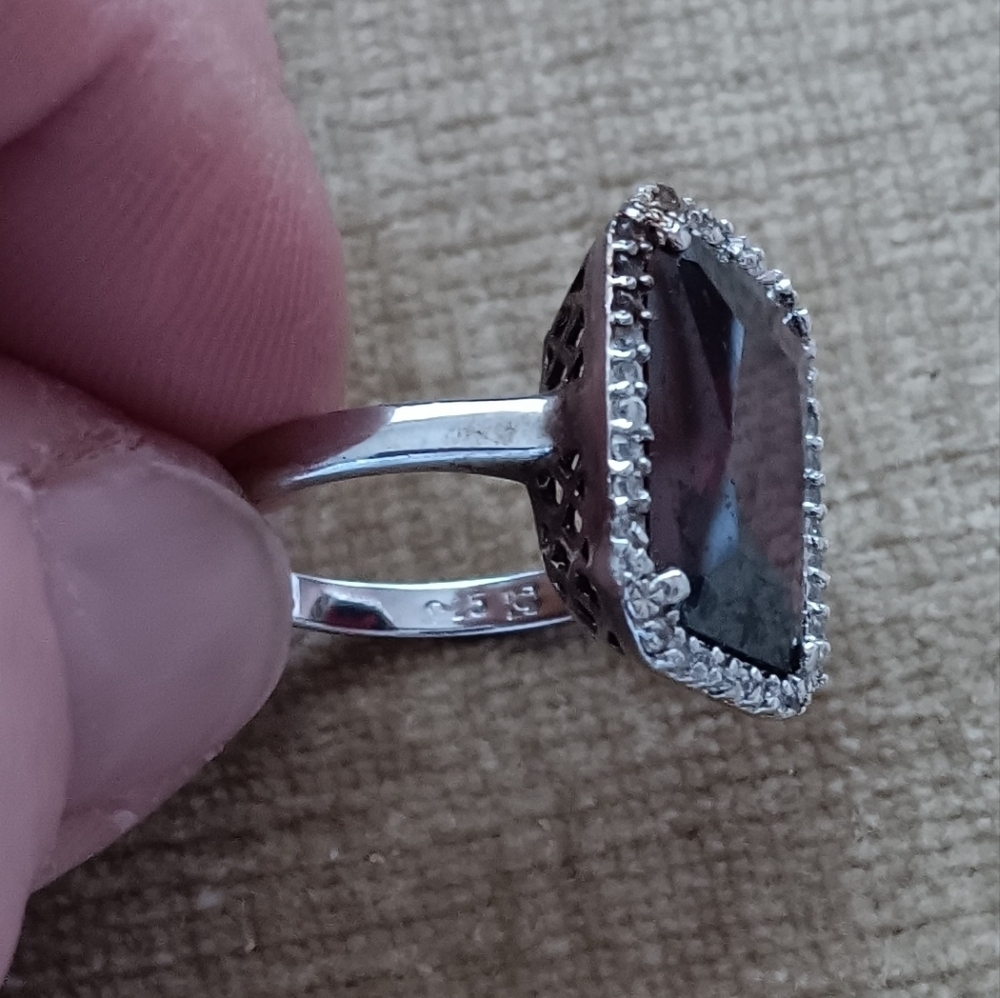 Rectangular Multi Faceted Deep Red Glass Silver R… - image 6